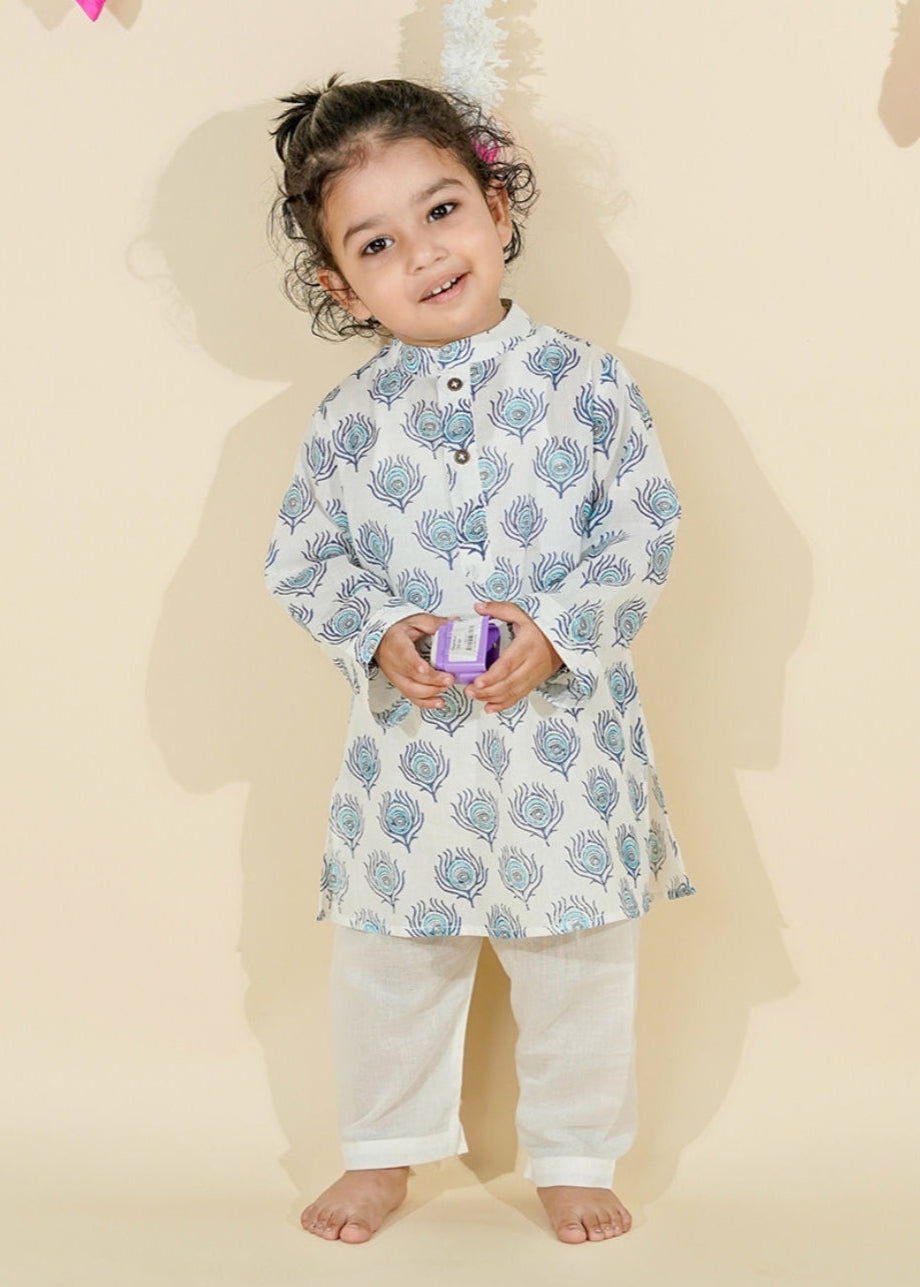 Off White Hand Block Printed Kurta With Pyjama Set