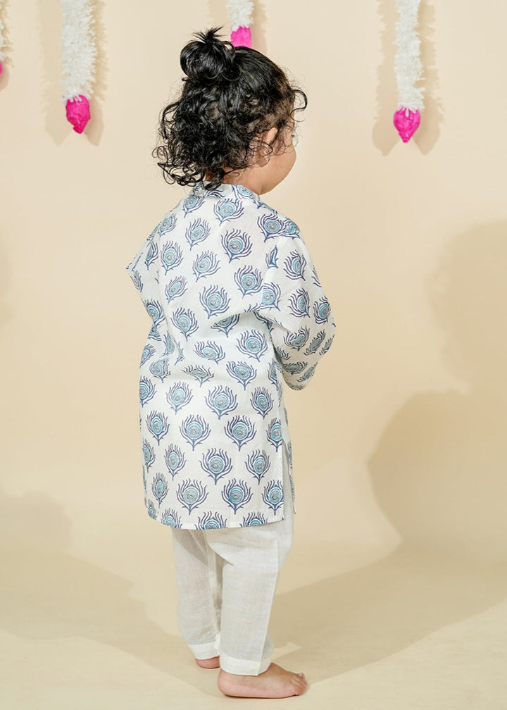 Off White Hand Block Printed Kurta With Pyjama Set