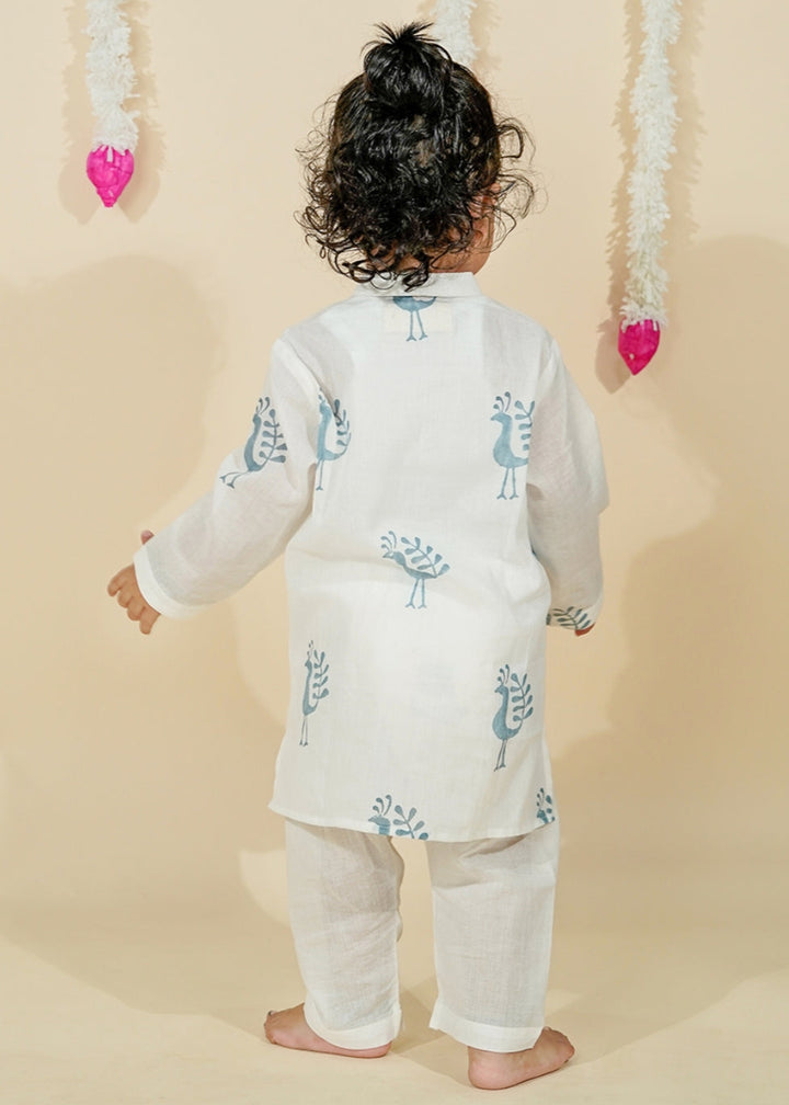 Off White Hand Block Printed Kurta With Pyjama Set