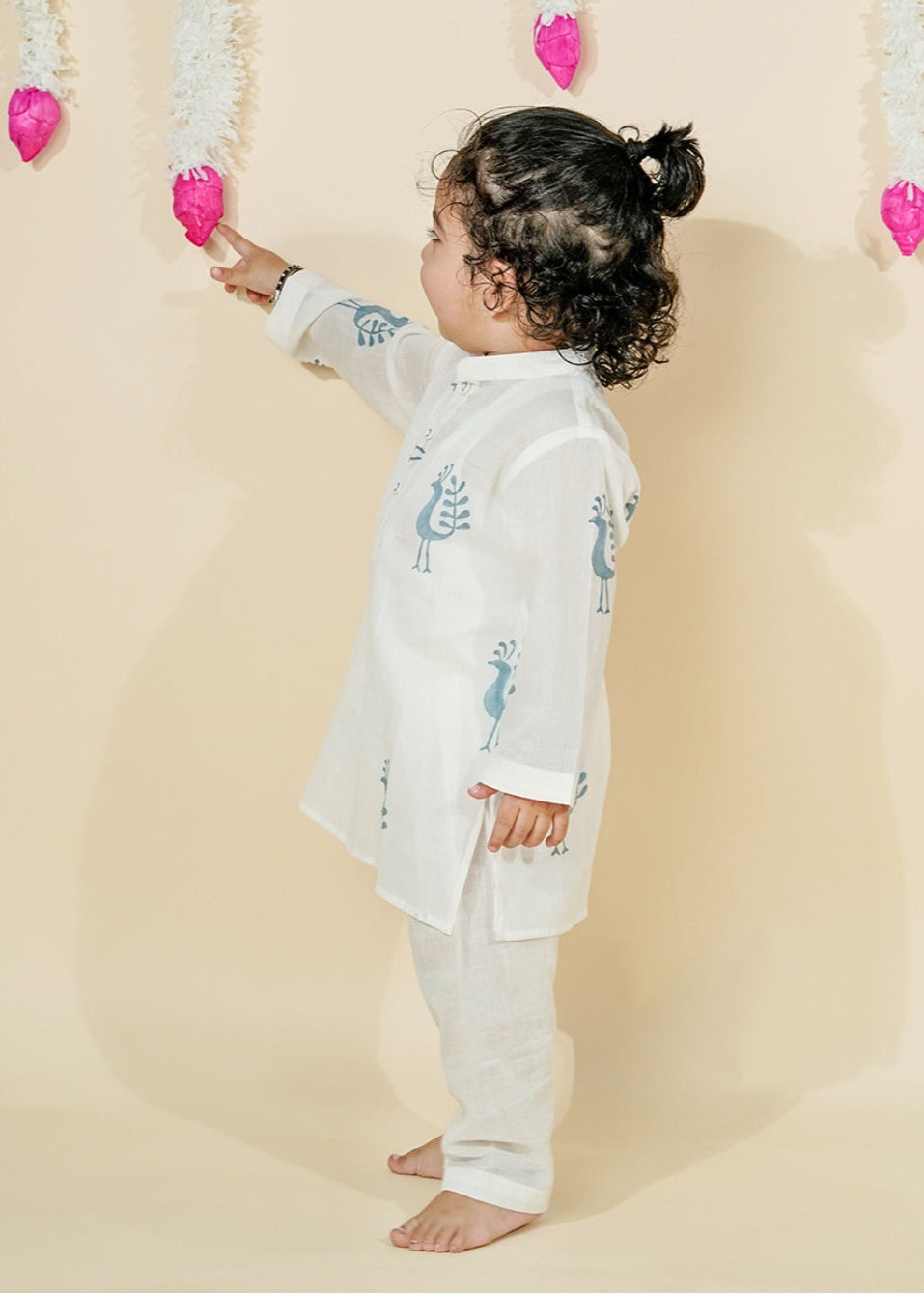 Off White Hand Block Printed Kurta With Pyjama Set