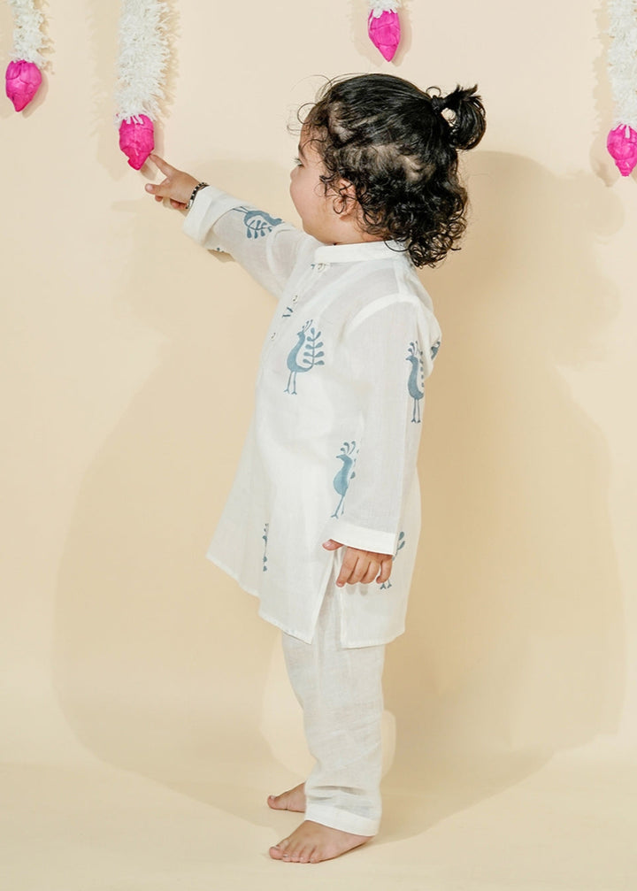 Off White Hand Block Printed Kurta With Pyjama Set