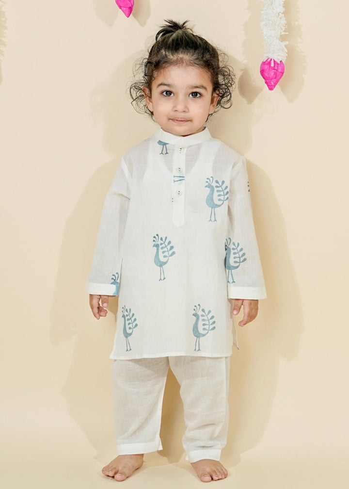 Off White Hand Block Printed Kurta With Pyjama Set