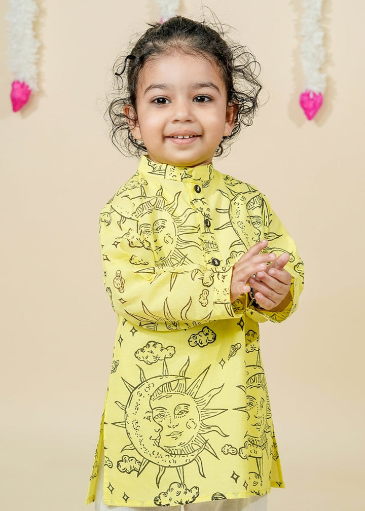 Yellow Cotton Sun Moon Printed Kurta With Pyjama Set