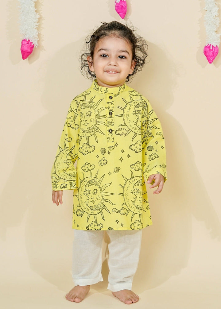 Yellow Cotton Sun Moon Printed Kurta With Pyjama Set