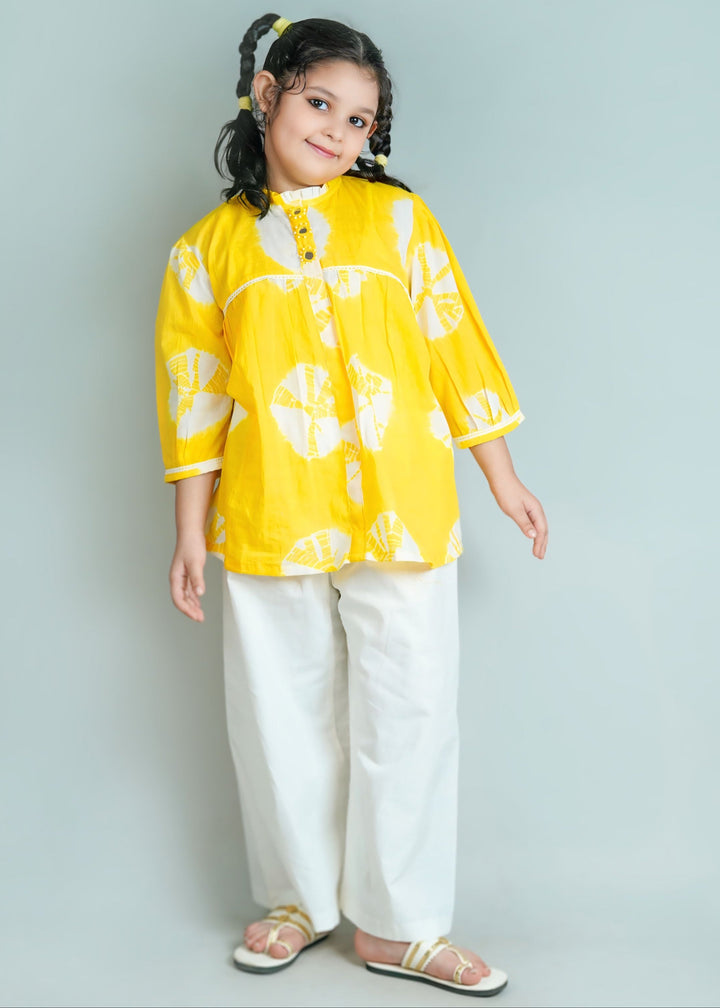 Yellow Tie And Dye Cotton Top With Palazzo Set
