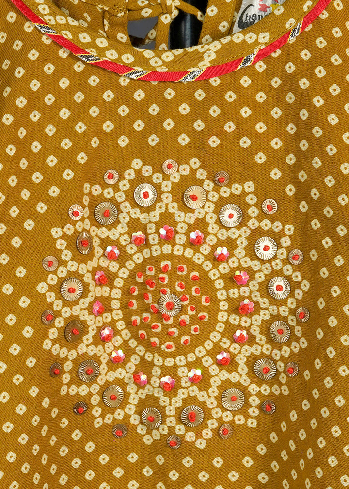Mustard Bandhani Printed Cotton Top With Leheriya Set