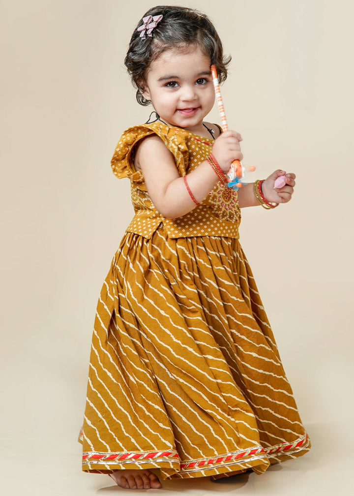 Mustard Bandhani Printed Cotton Top With Leheriya Set