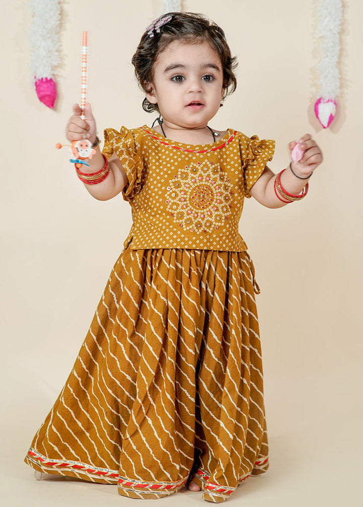 Mustard Bandhani Printed Cotton Top With Leheriya Set