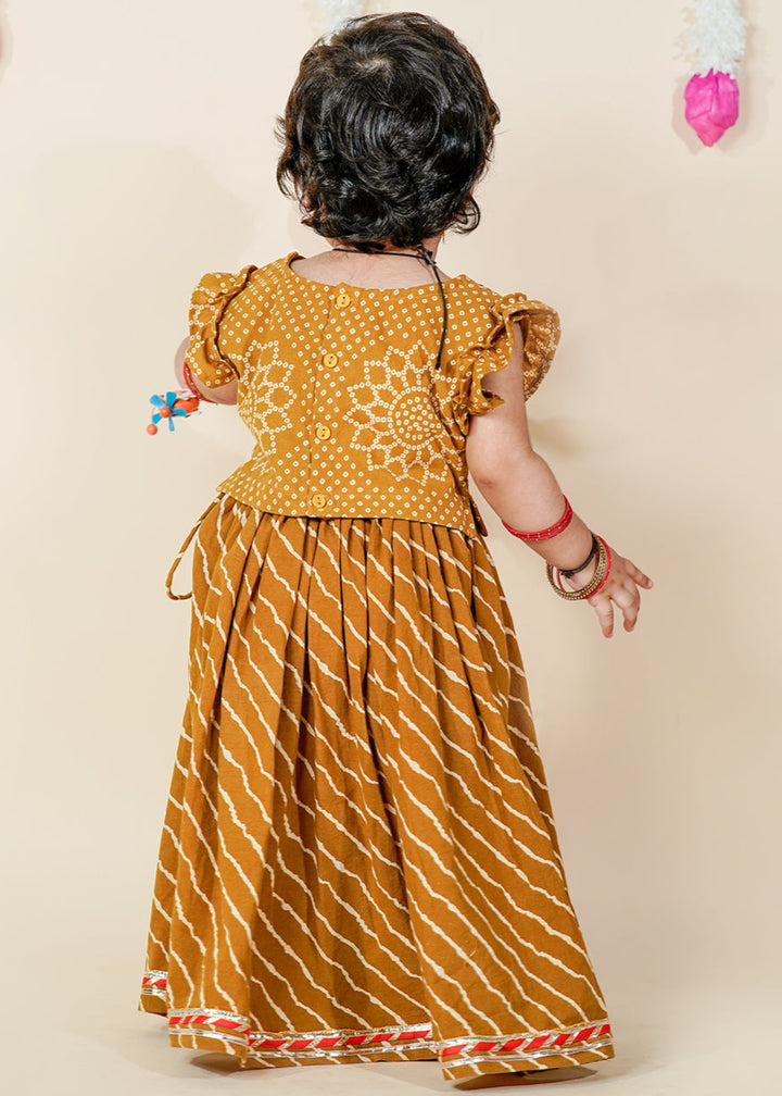 Mustard Bandhani Printed Cotton Top With Leheriya Set