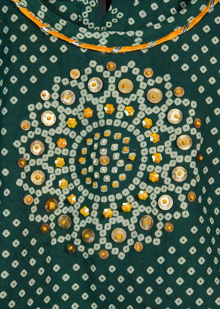Green Bandhani Printed Cotton Top With Leheriya Set