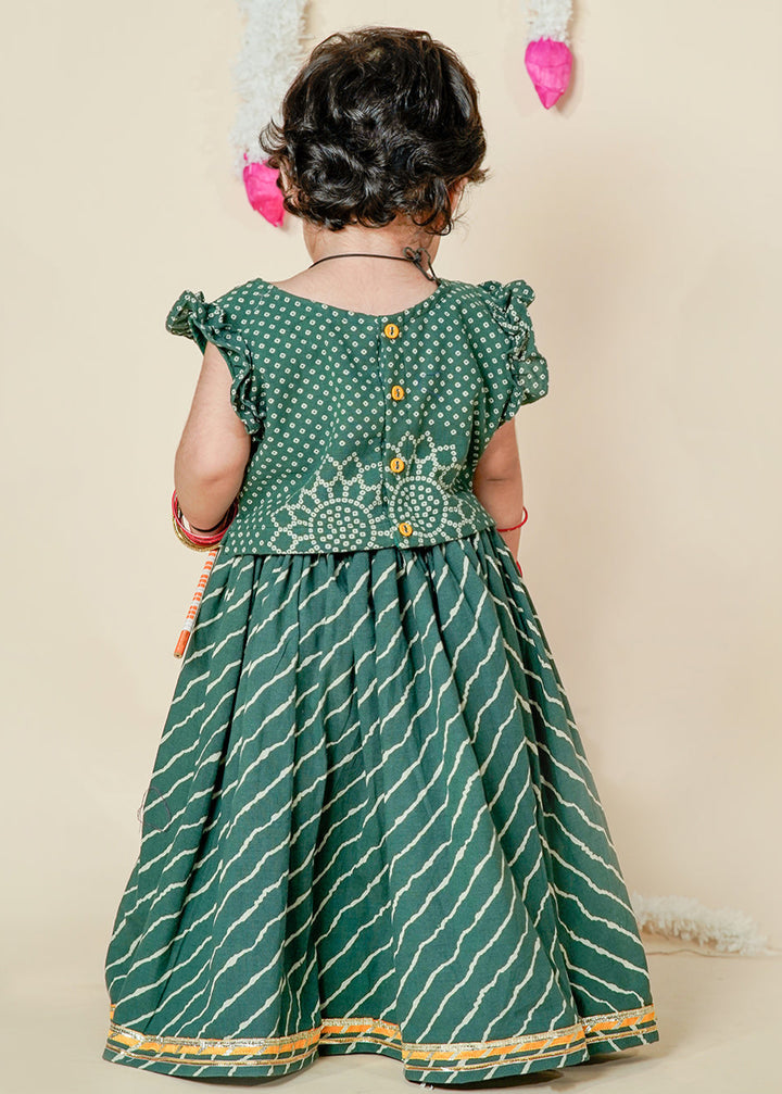 Green Bandhani Printed Cotton Top With Leheriya Set