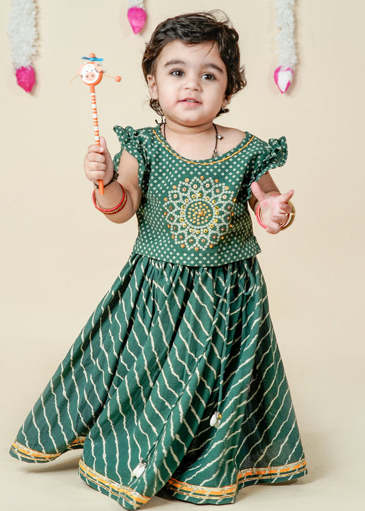 Green Bandhani Printed Cotton Top With Leheriya Set