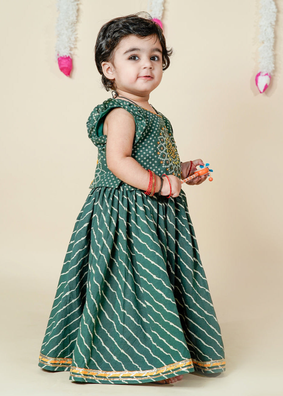 Green Bandhani Printed Cotton Top With Leheriya Set