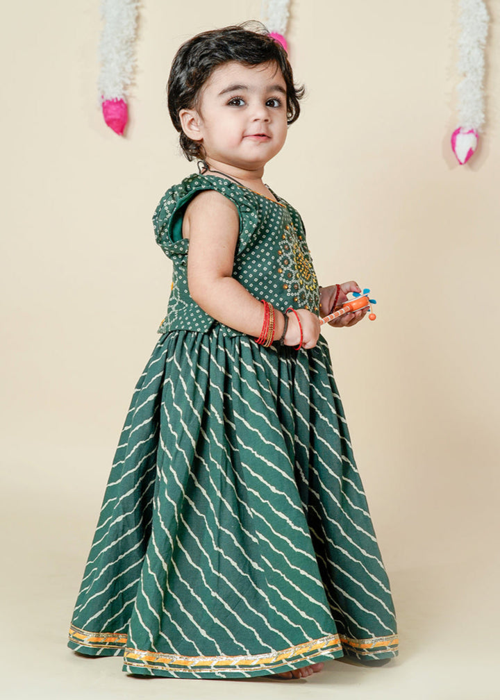 Green Bandhani Printed Cotton Top With Leheriya Set