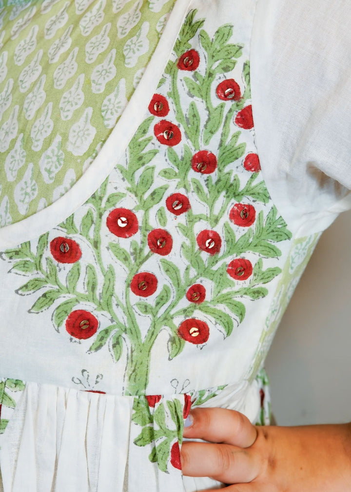 Green Hand Block Floral Printed Angrakha Kurta With Pyjama Set