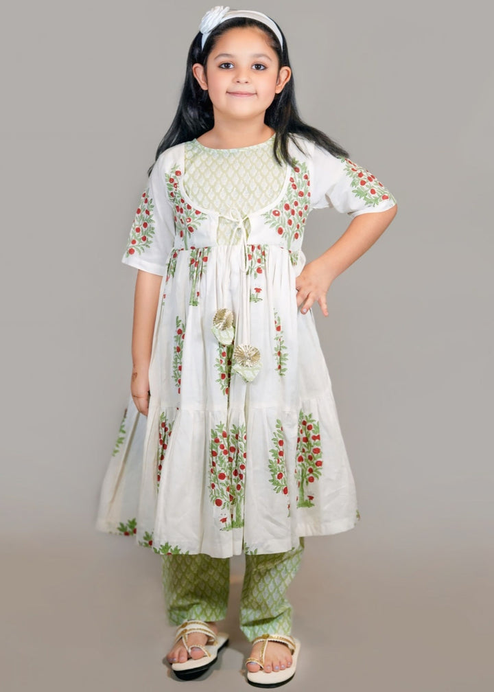 Green Hand Block Floral Printed Angrakha Kurta With Pyjama Set