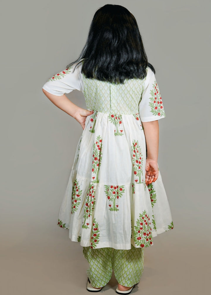 Green Hand Block Floral Printed Angrakha Kurta With Pyjama Set
