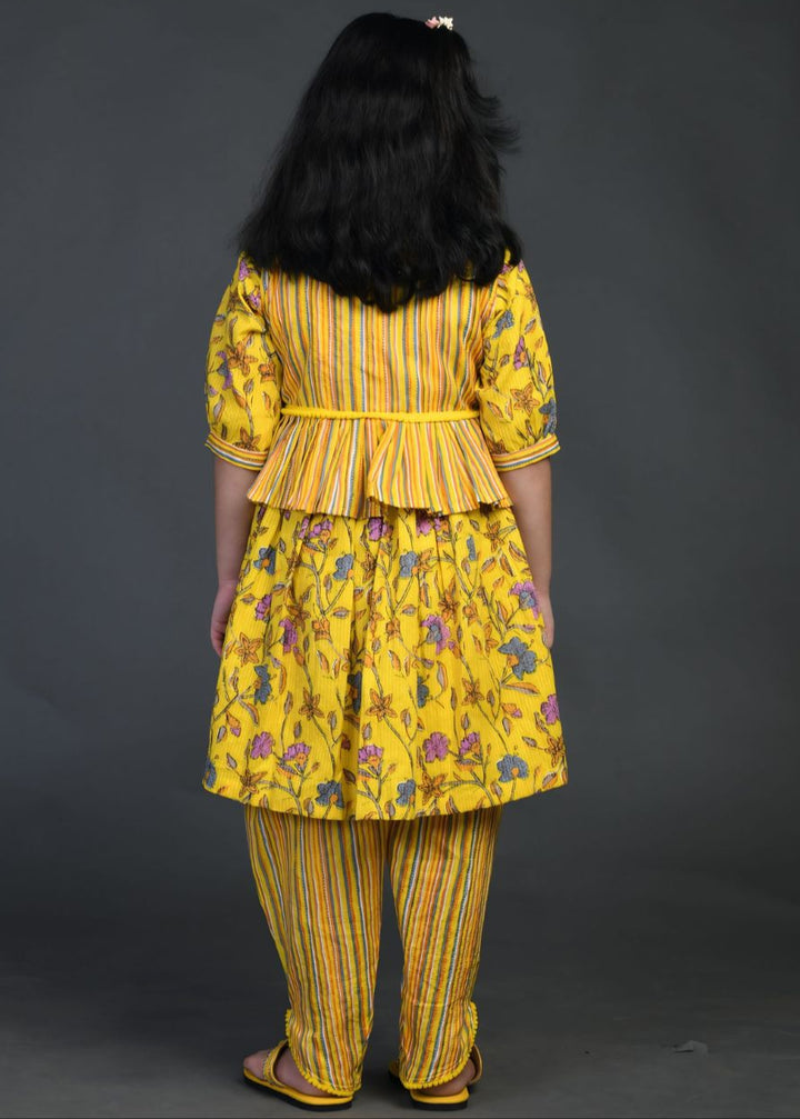 Yellow Floral Printed Hand Embroidered Kurti Dhoti With Jacket Set