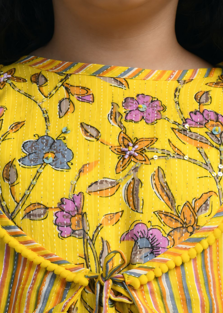 Yellow Floral Printed Hand Embroidered Kurti Dhoti With Jacket Set
