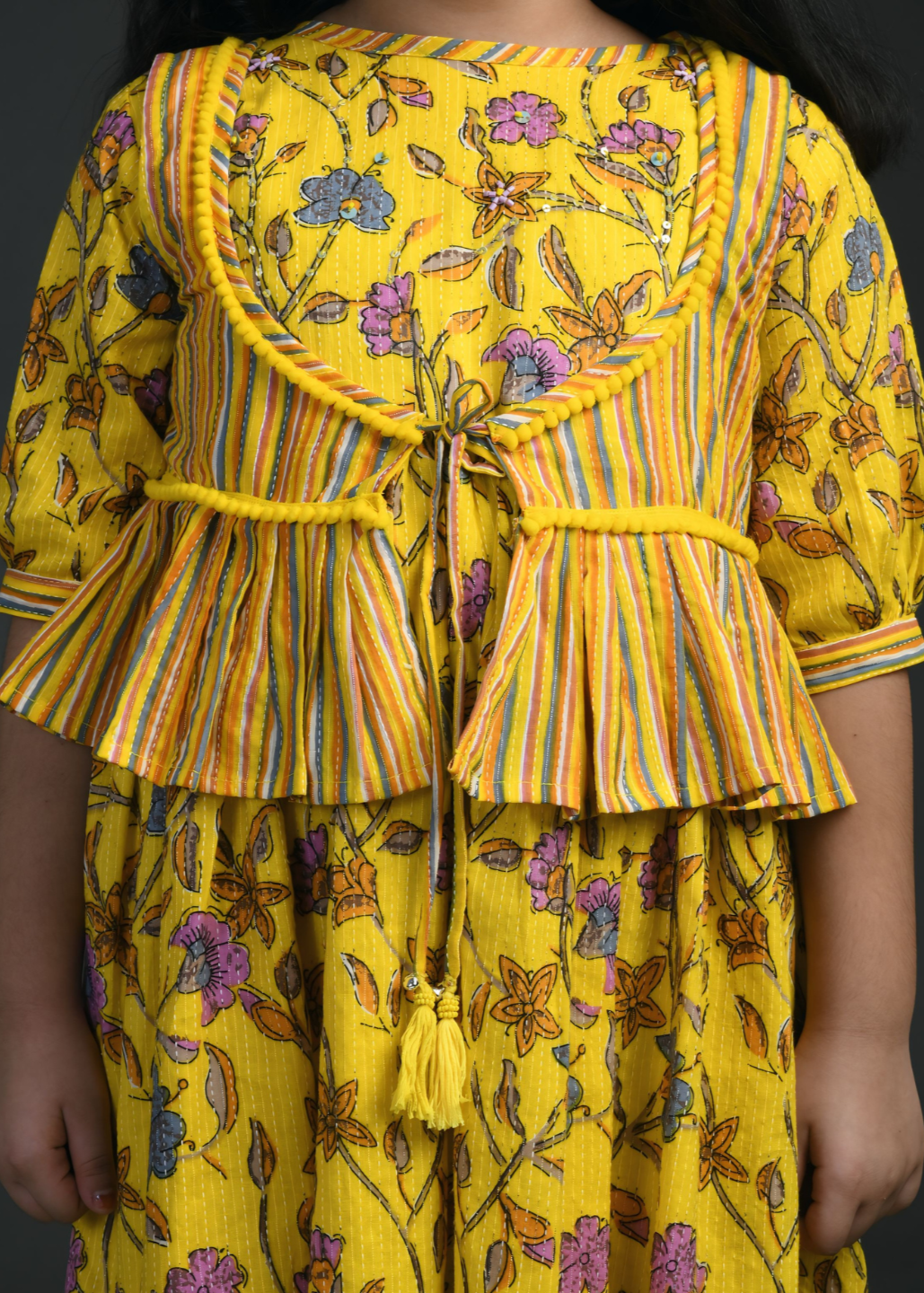 Yellow Floral Printed Hand Embroidered Kurti Dhoti With Jacket Set