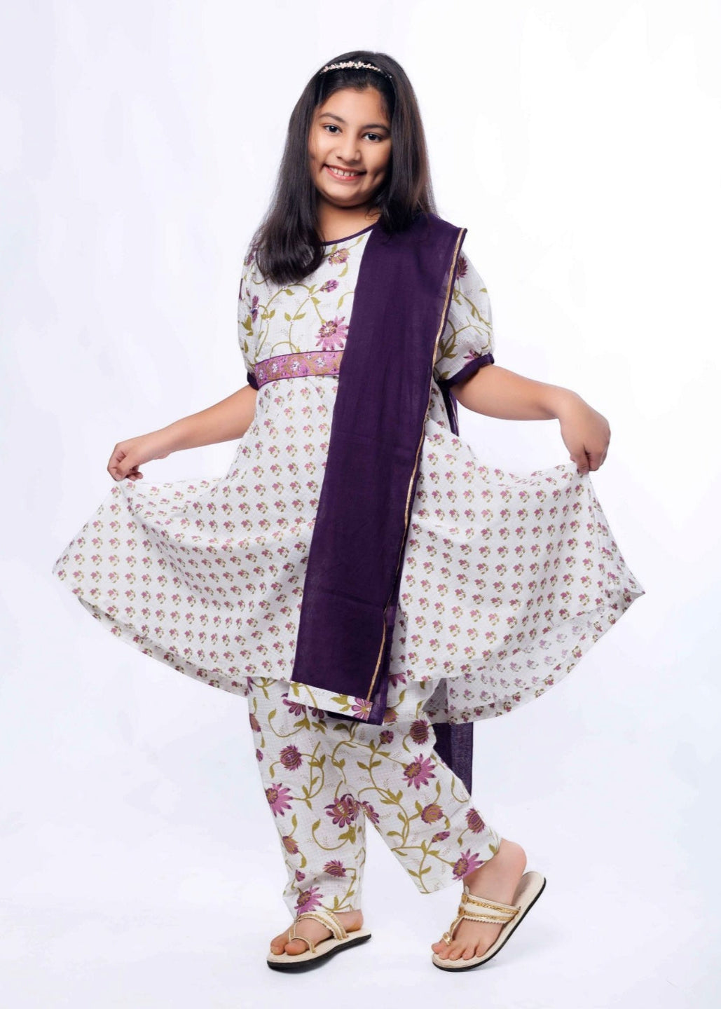 Purple Cotton Printed Floral Kurti Pyjama With Dupatta Set
