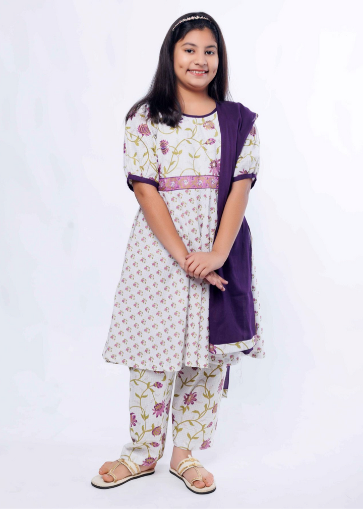 Purple Cotton Printed Floral Kurti Pyjama With Dupatta Set