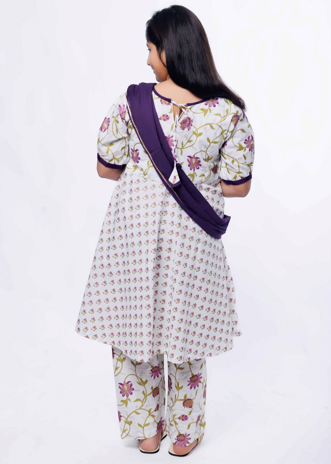 Purple Cotton Printed Floral Kurti Pyjama With Dupatta Set
