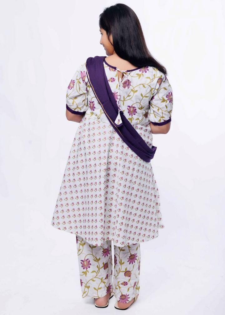 Purple Cotton Printed Floral Kurti Pyjama With Dupatta Set