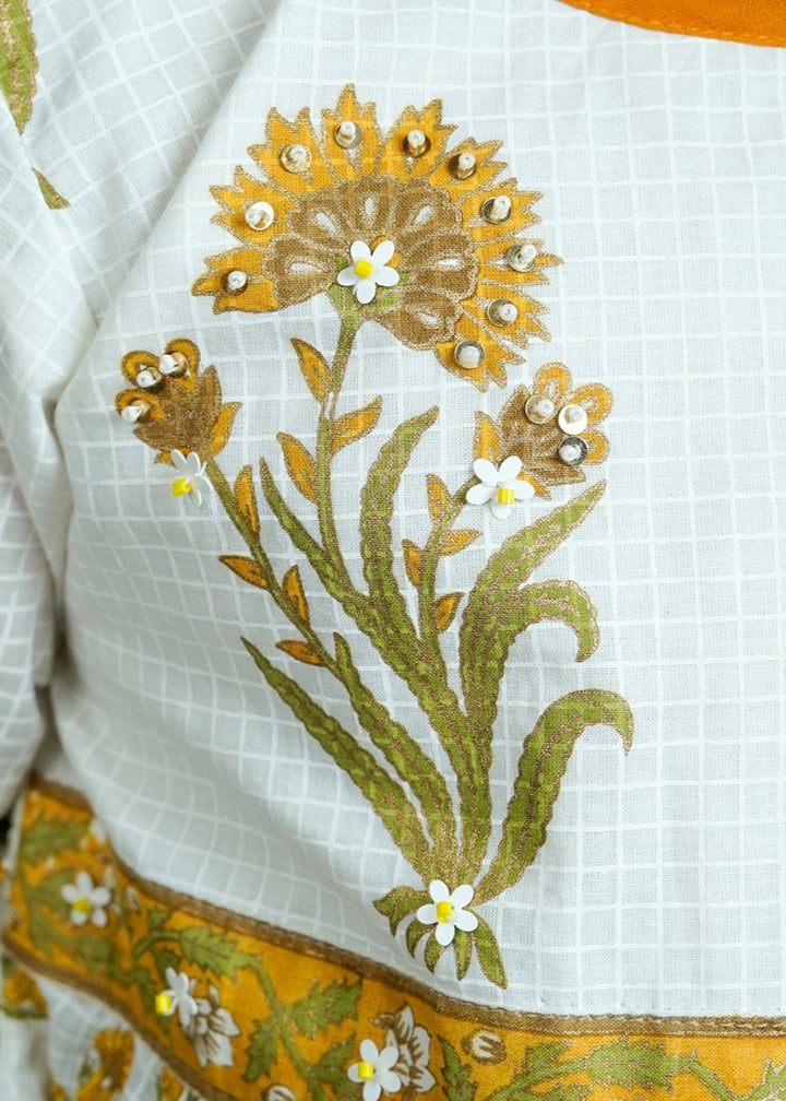 Mustard Cotton Printed Floral Kurti Pyjama With Dupatta Set