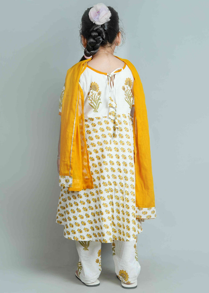Mustard Cotton Printed Floral Kurti Pyjama With Dupatta Set
