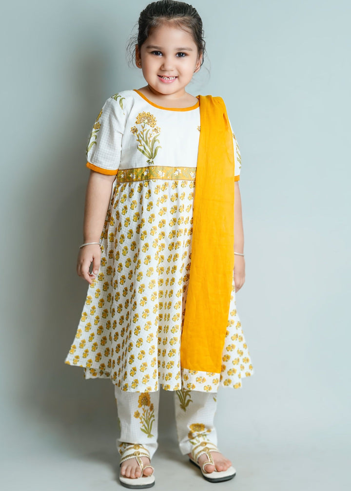 Mustard Cotton Printed Floral Kurti Pyjama With Dupatta Set