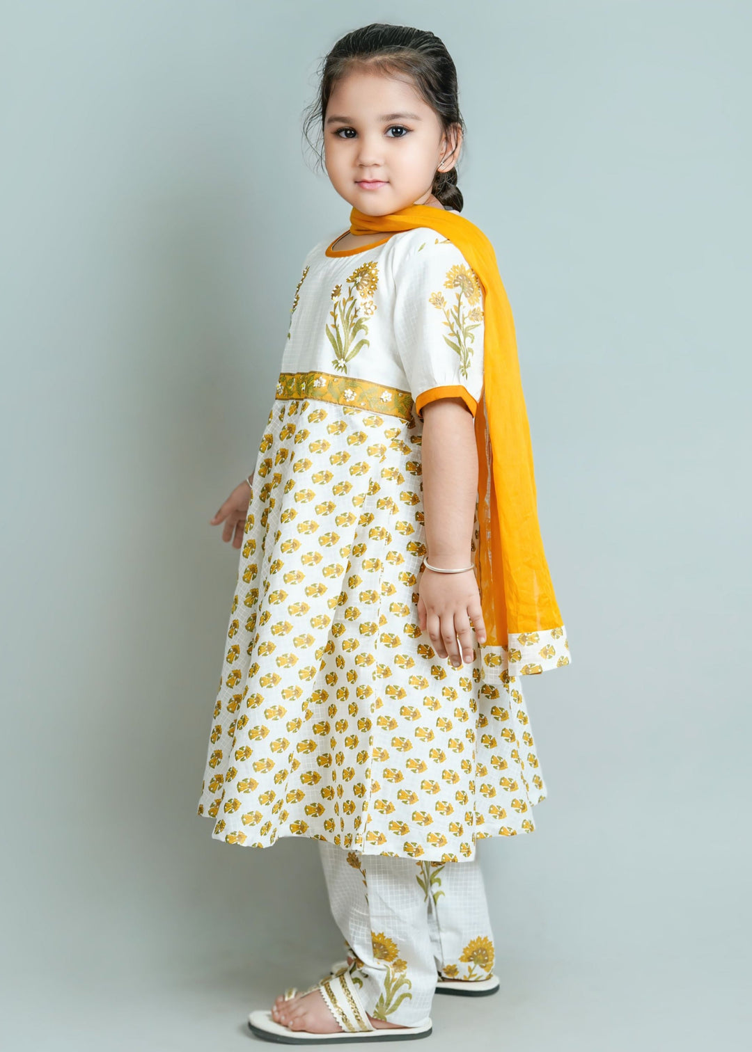 Mustard Cotton Printed Floral Kurti Pyjama With Dupatta Set