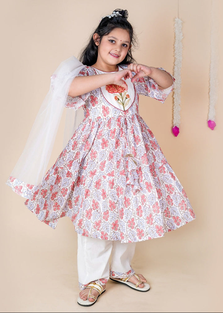 Off White Hand Block Cotton Printed Anarkali Kurta Pant With Dupatta Set