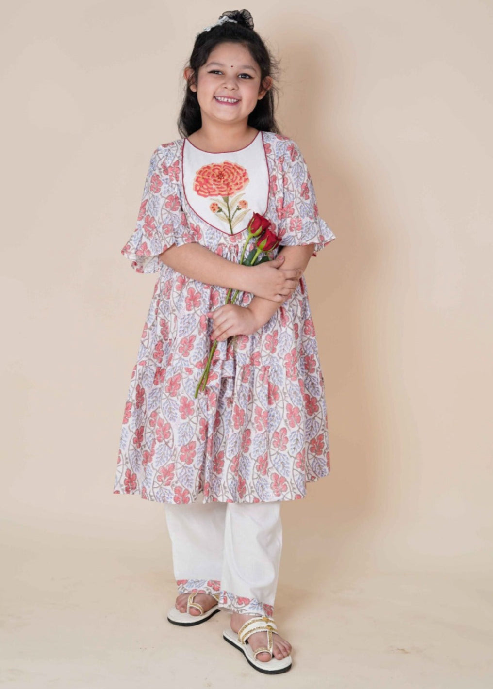 Off White Hand Block Cotton Printed Anarkali Kurta Pant With Dupatta Set