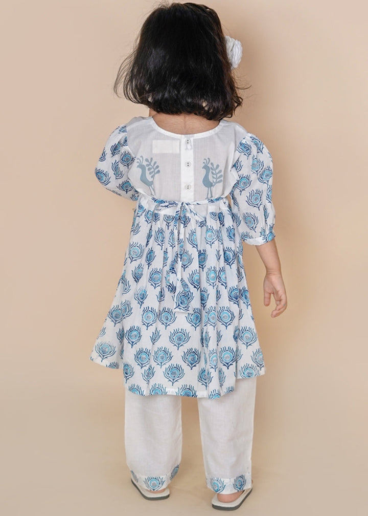 Off White Hand Block Cotton Printed Angrakha Kurti With Pant Set