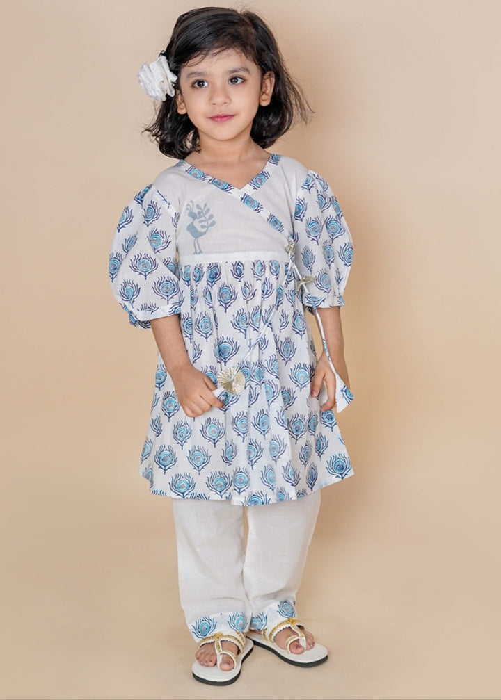 Off White Hand Block Cotton Printed Angrakha Kurti With Pant Set