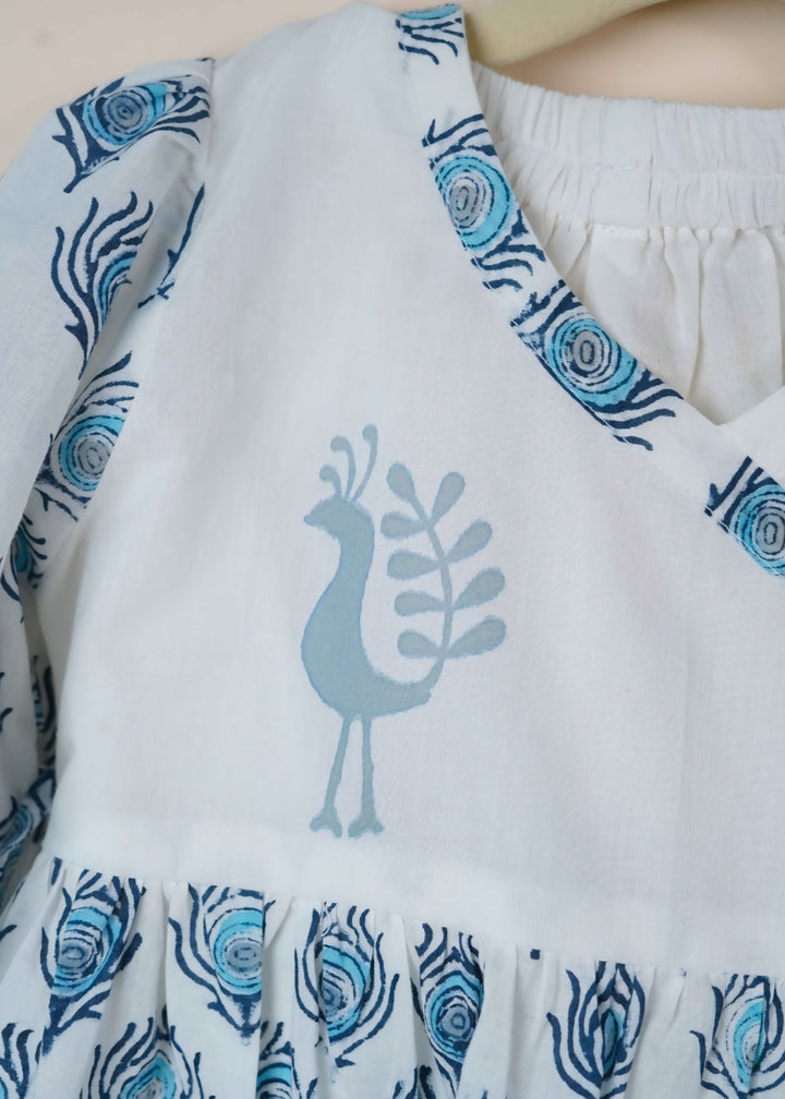 Off White Hand Block Cotton Printed Angrakha Kurti With Pant Set