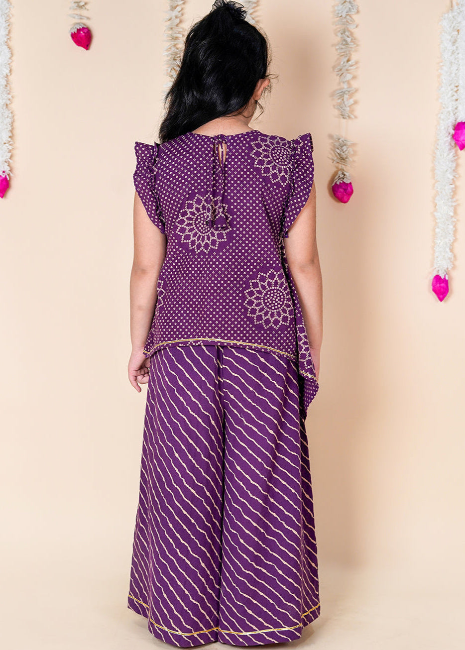 Purple Bandhani Printed Asymmetrical Kurta With Palazzo Set