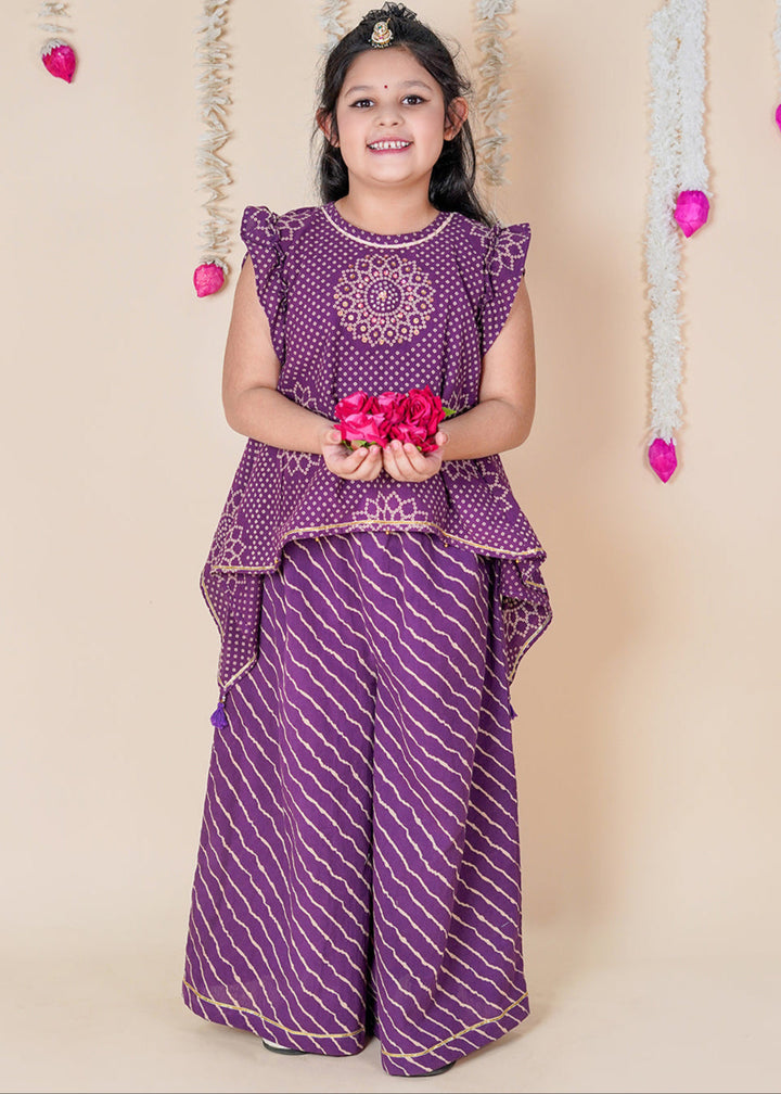 Purple Bandhani Printed Asymmetrical Kurta With Palazzo Set