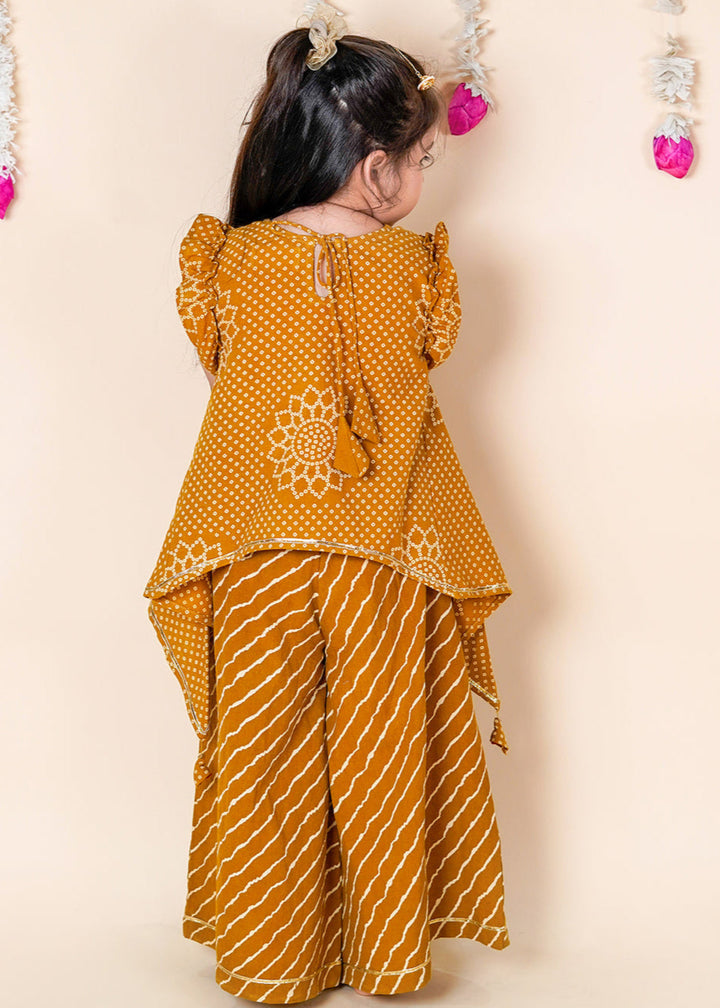 Mustard Bandhani Printed Asymmetrical Kurta With Palazzo Set