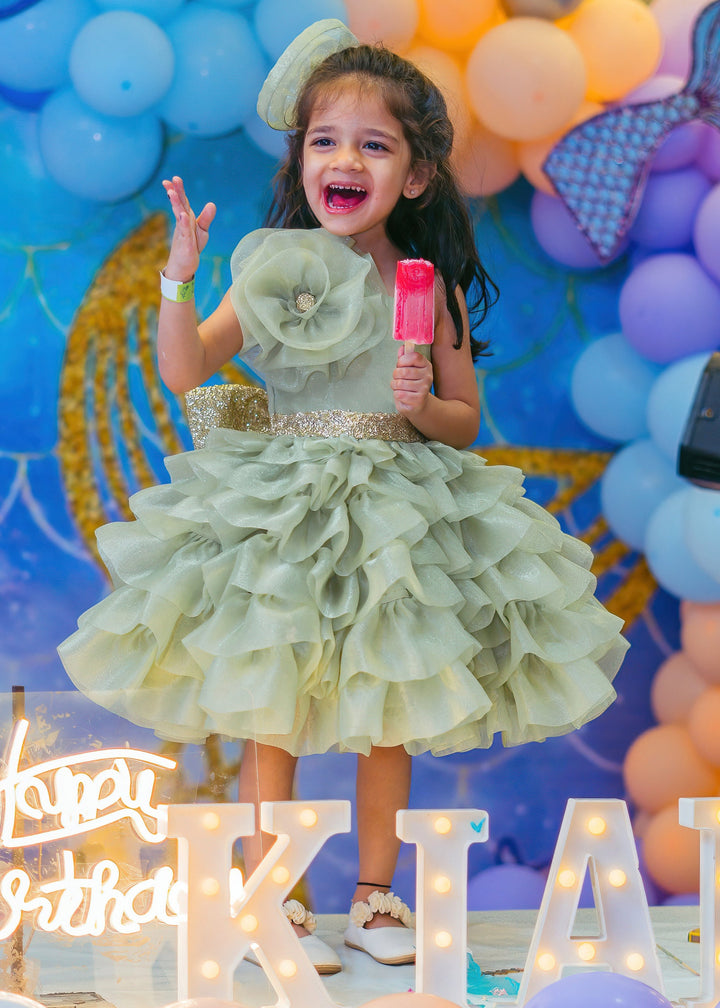 Sage green Organza Ruffled With Golden Sequin Bow Dress