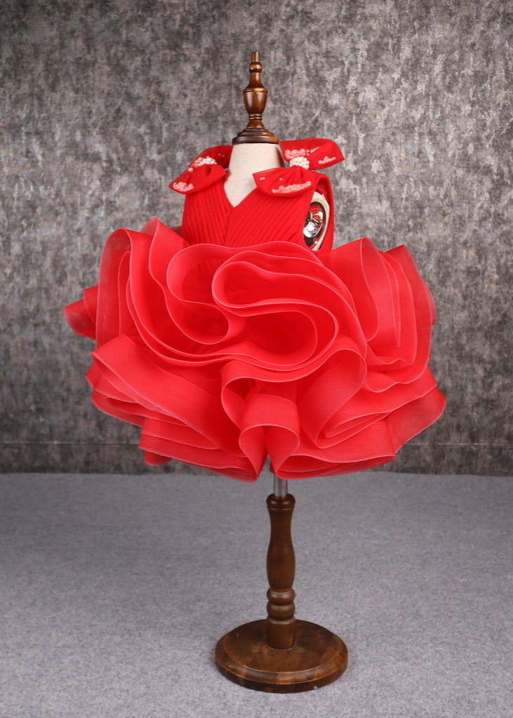 Red Stiff Hem Net Pleated Yoke Ruffle Dress