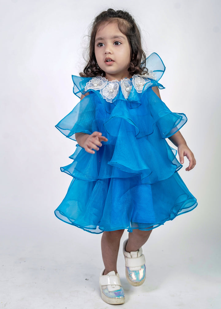 Blue Ruffled Organza With 3D Flower Dress
