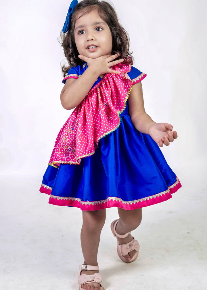 Blue With Pink Bandhej Attached Dupatta Dress