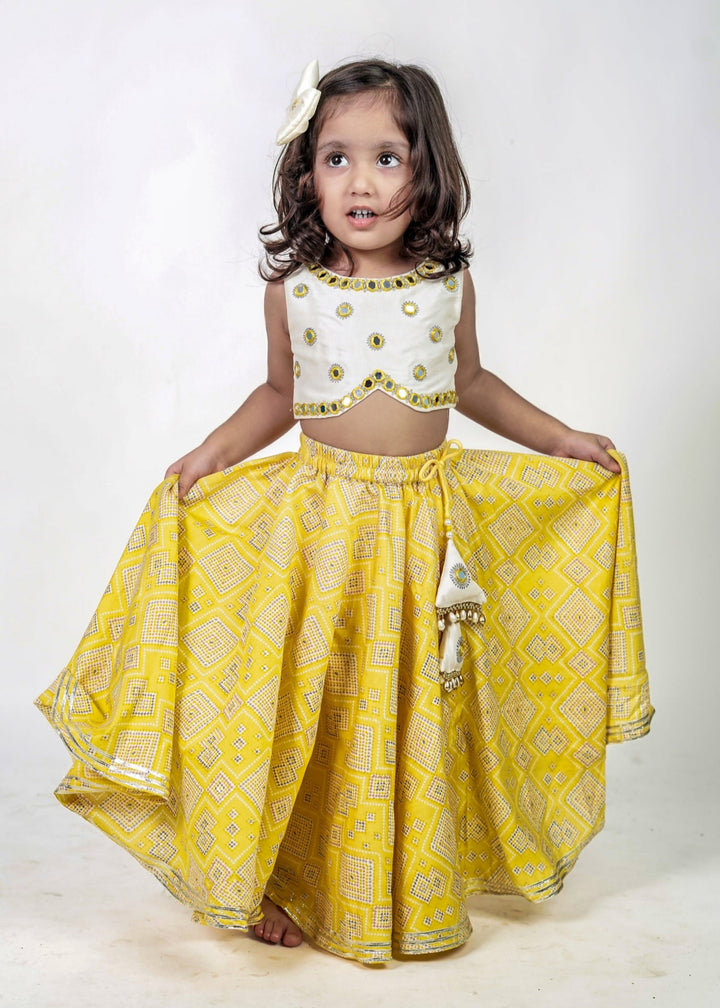 White Mirror Work Choli And Yellow Bandhej Lehenga Set