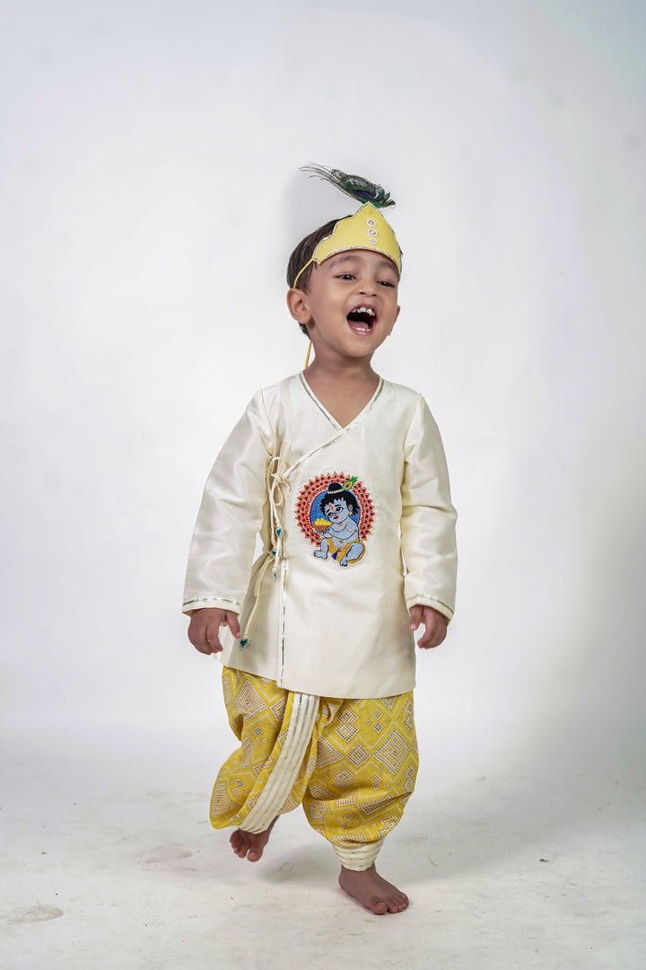 0ff White Cotton Krishna Kurta With Bandhej Yellow Dhoti Set