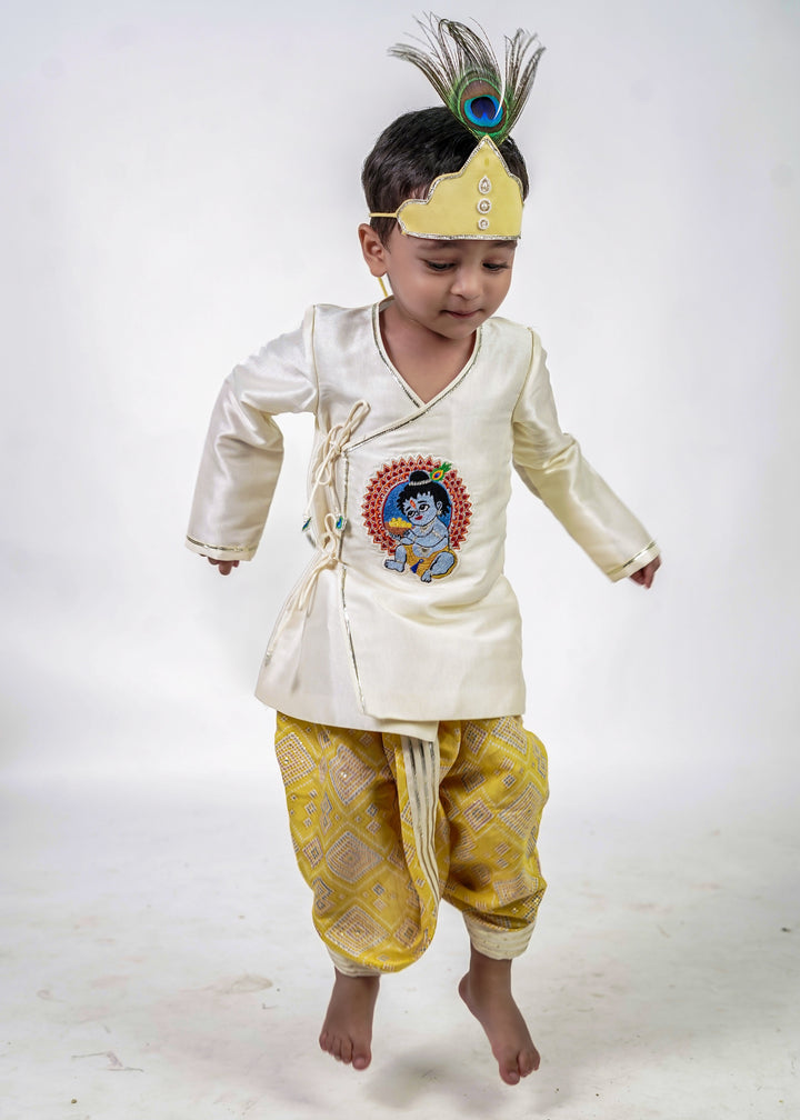 0ff White Cotton Krishna Kurta With Bandhej Yellow Dhoti Set