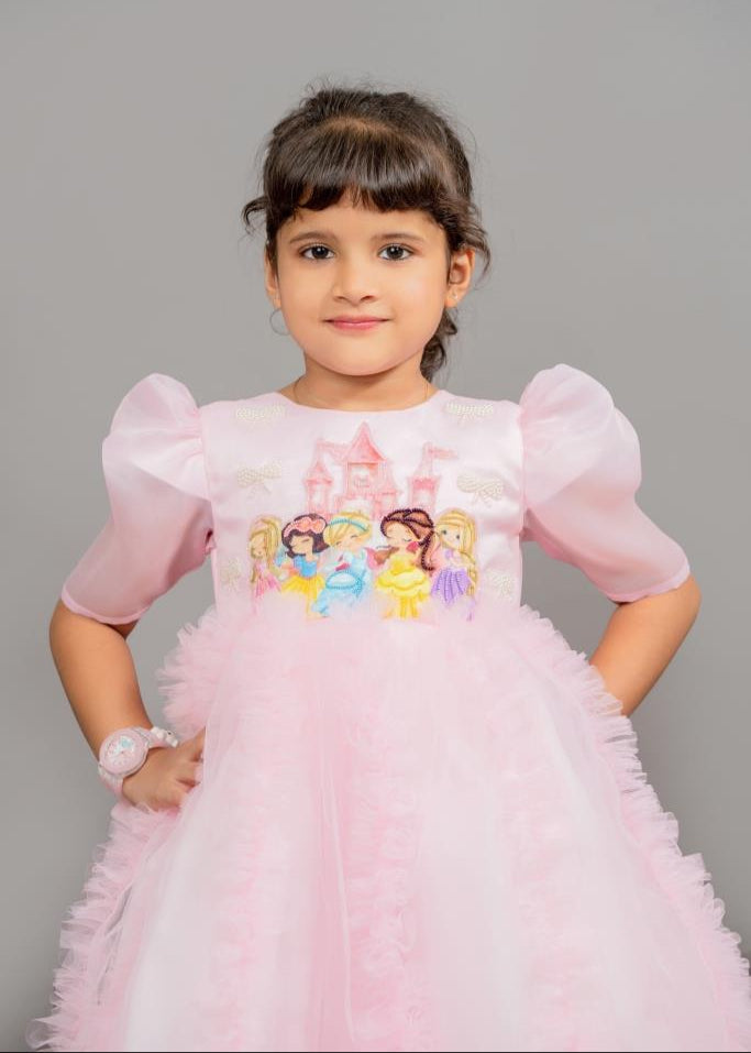 Pink Disney Princess Soft Net Puff Sleeves Gown