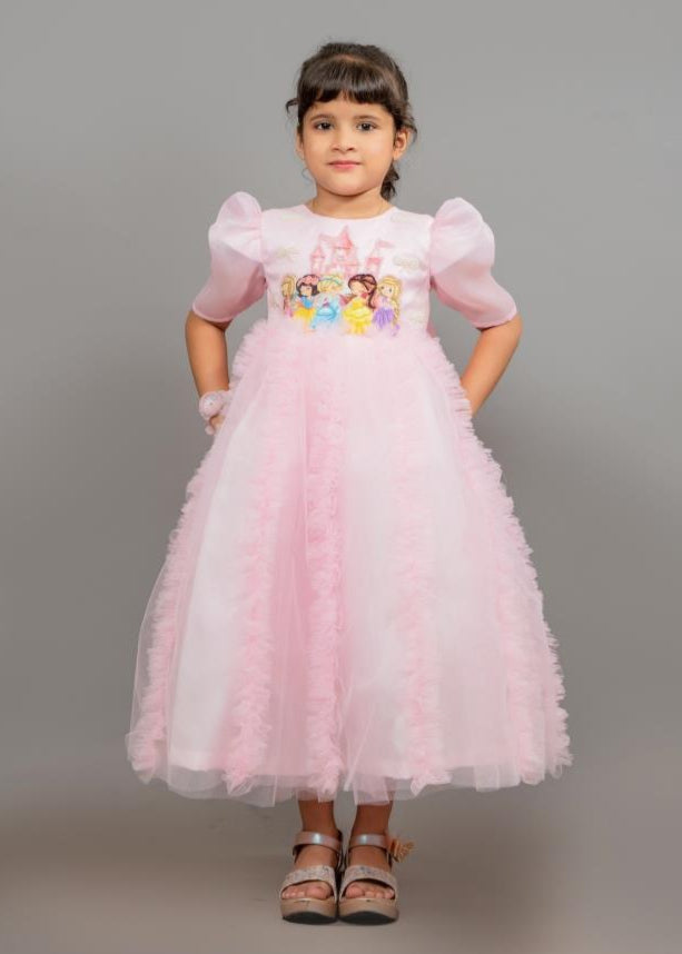 Pink Disney Princess Soft Net Puff Sleeves Gown