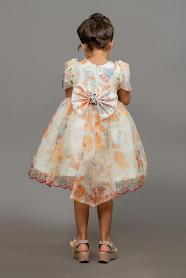 Cream Circus Themed Animal Printed Puff Sleeves Dress